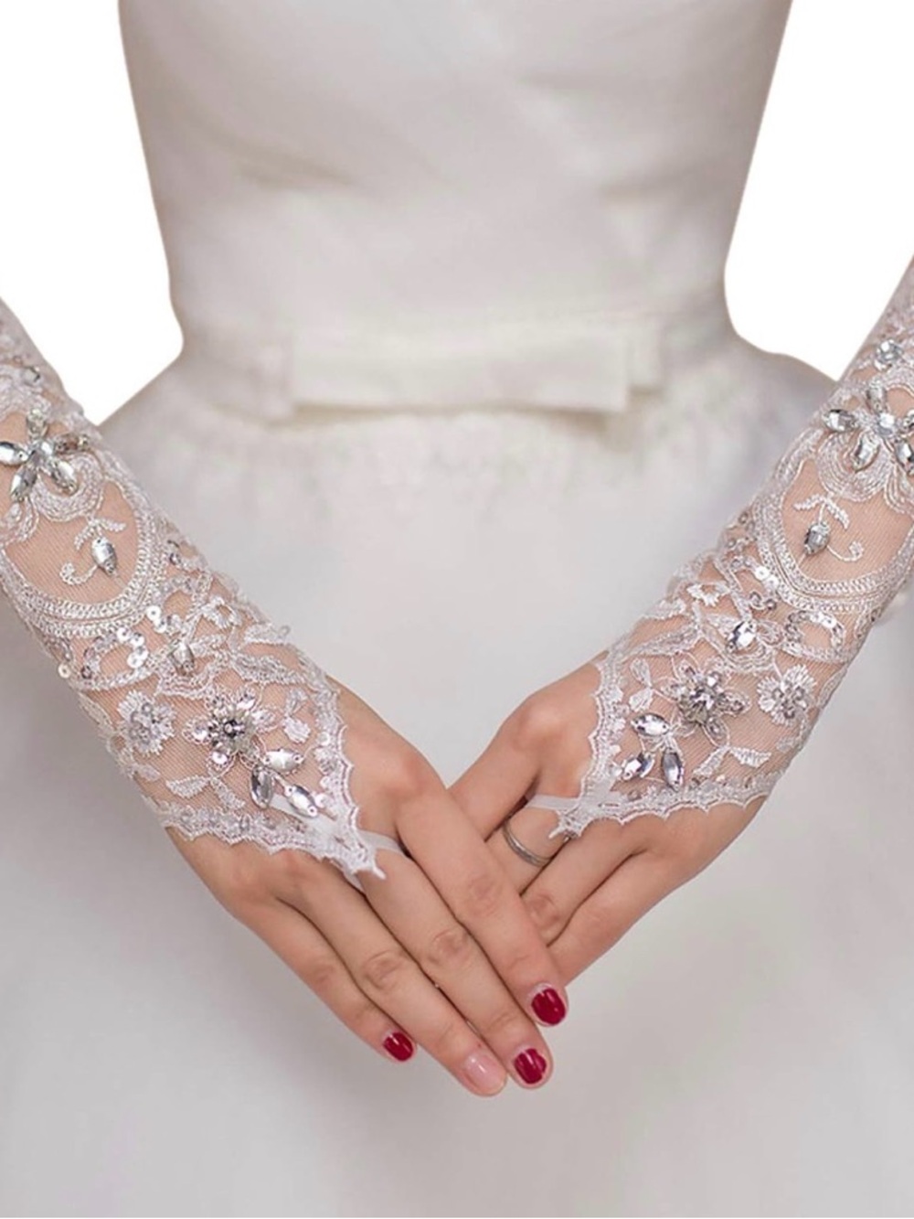 Bridal White Lace Beaded Fingerless Gloves